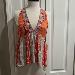 Free People Orange Floral Patchwork Sleeveless V-Neck Top